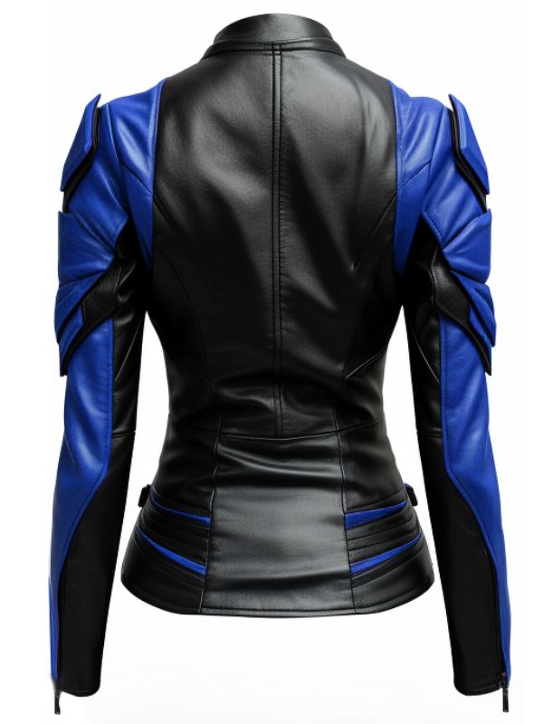 Women Leather Jacket - Blue and Black Faux Leather Jacket