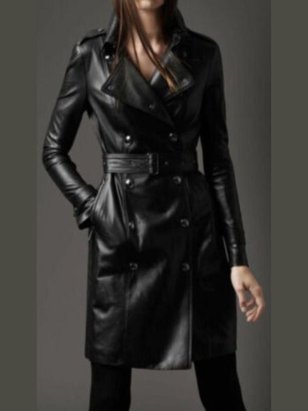 Women Military Style Black Leather Coat