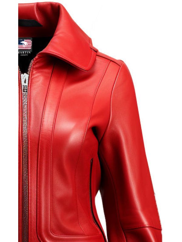 Women Red Bomber Leather Jacket