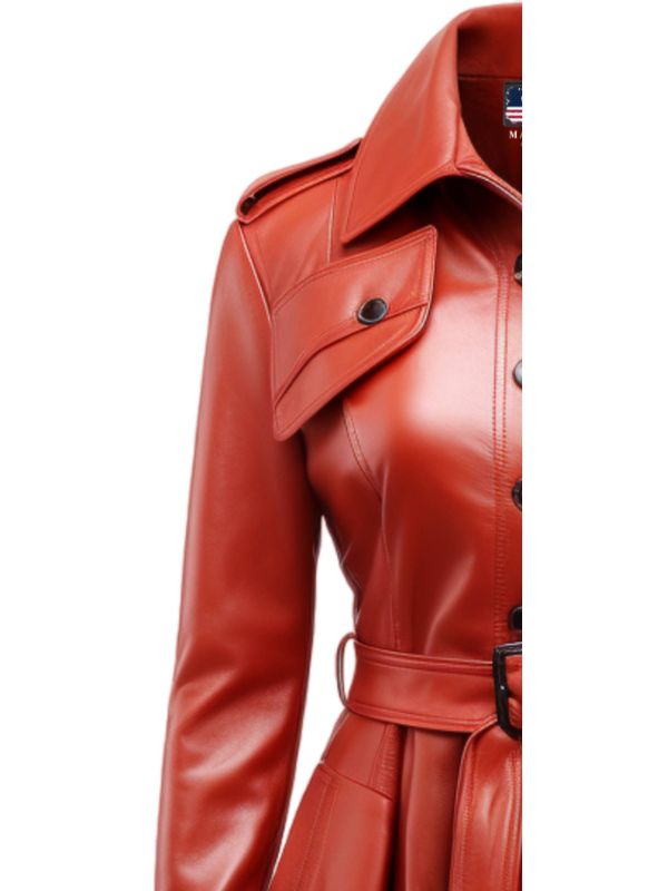 Women Red Leather Coat - Red Coat
