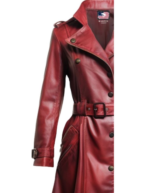 Women Red Leather Distressed Long Leather Coat - Red Distressed Long Leather Coat