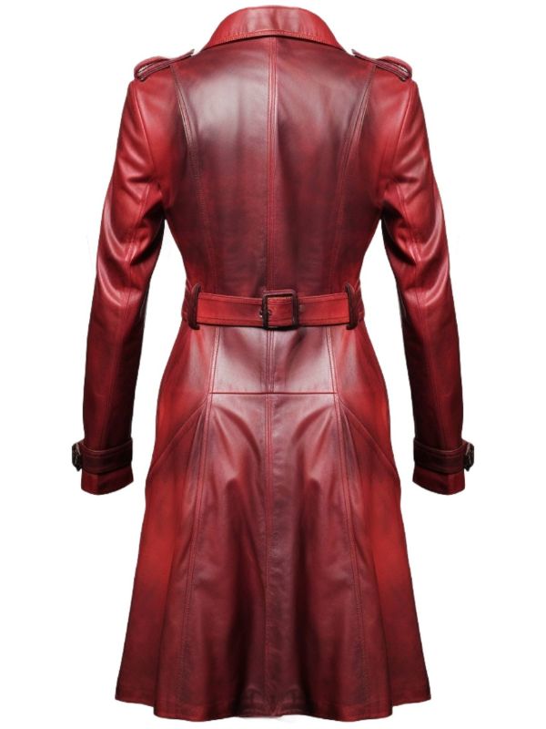 Women Red Leather Distressed Long Leather Coat - Red Distressed Long Leather Coat