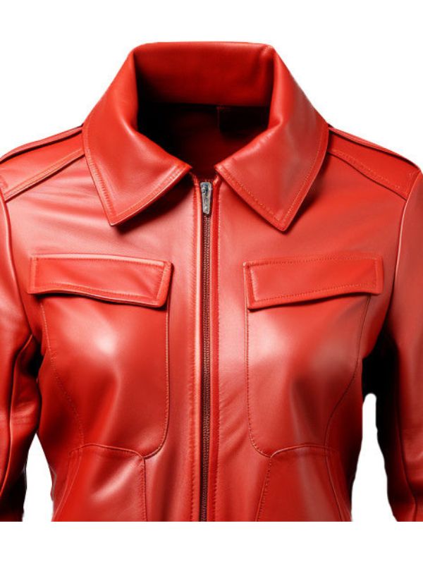 Women Red Leather Jacket Bomber Style