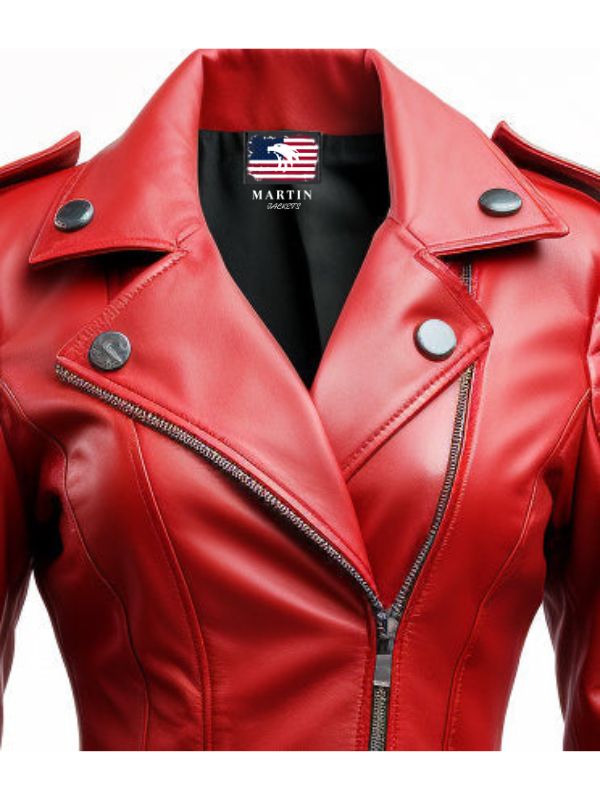 Women Slimfit Red Leather Jacket