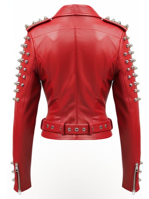 Women Studs Red Leather Jacket