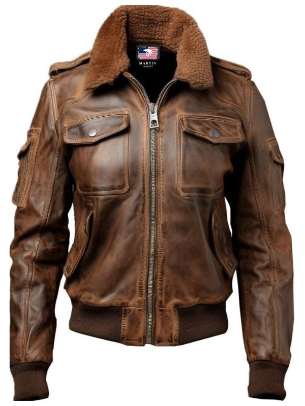 Women Vintage Leather Jacket - Distressed Brown Bomber Jacket