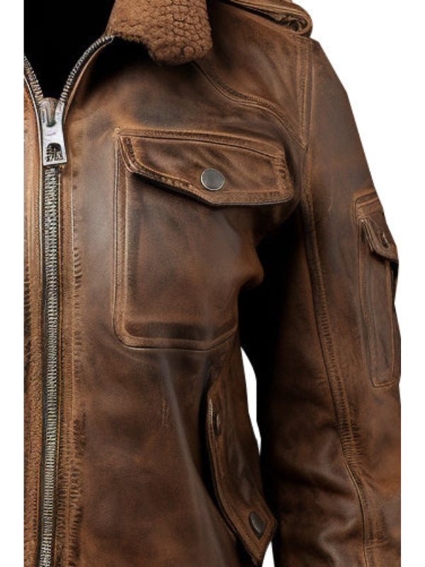 Women Vintage Leather Jacket - Distressed Brown Bomber Jacket