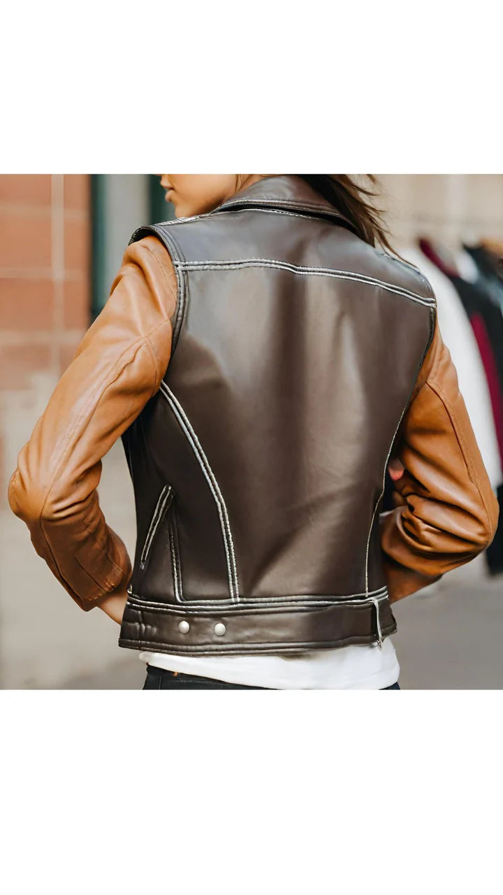 Brown & Dark Brown Biker Racer Leather Jacket for Women