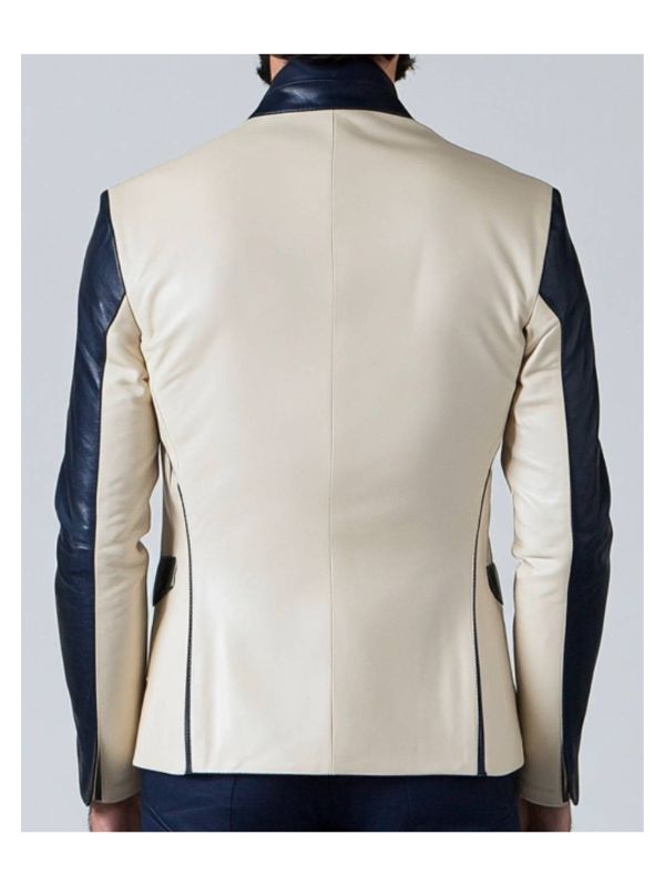 Leo White & Blue Leather Blazer - Leather Blazer for Men White & Blue