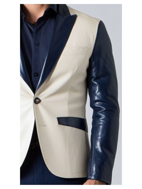Leo White & Blue Leather Blazer - Leather Blazer for Men White & Blue