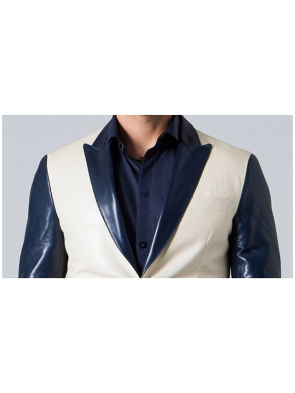 Leo White & Blue Leather Blazer - Leather Blazer for Men White & Blue