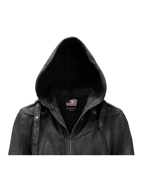 Men Black Hooded Suede Leather Jacket
