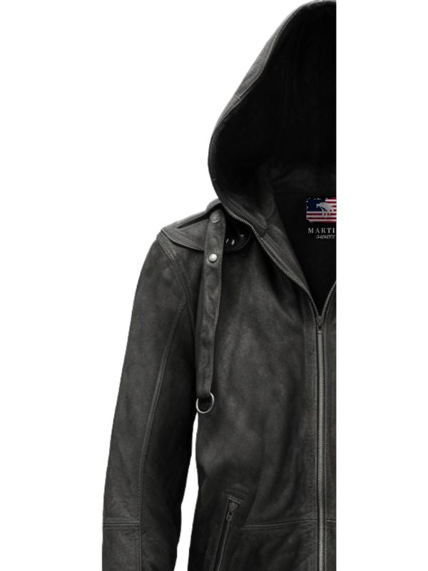 Men Black Hooded Suede Leather Jacket