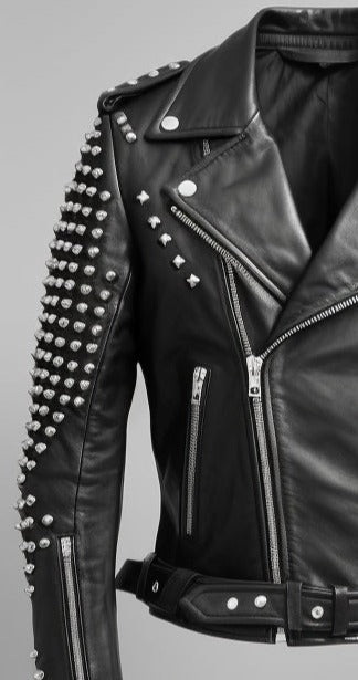 Men Black Leather Jacket - Black Biker Studded Jacket