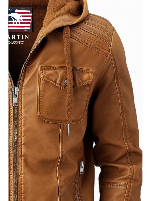 Men Classic Swiss Light Brown Hooded Leather Jacket