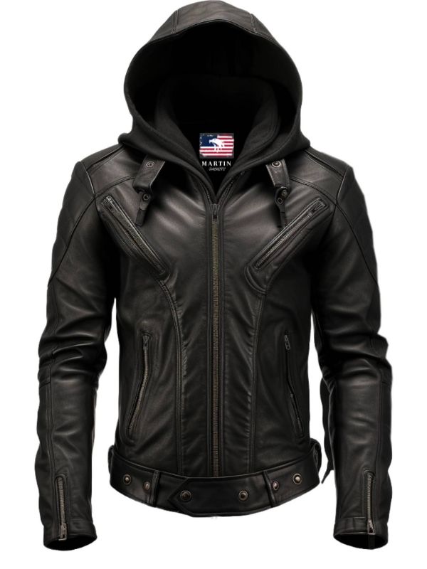 Men Hooded Leather Jacket - Hooded Black Leather Jacket