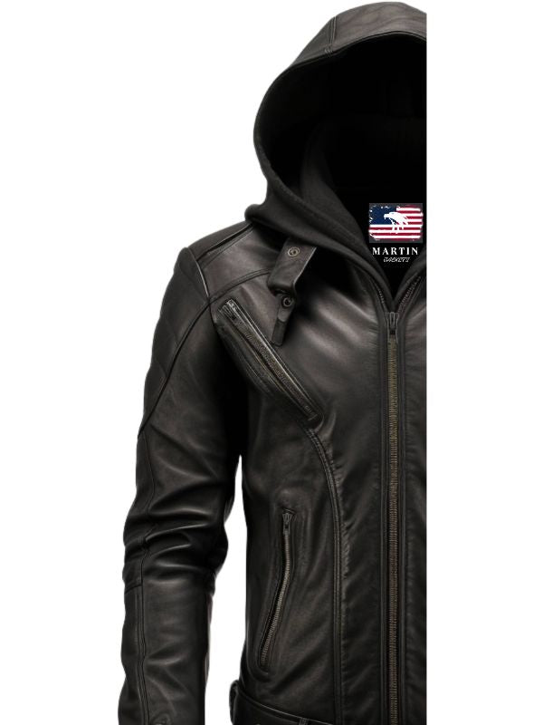 Men Hooded Leather Jacket - Hooded Black Leather Jacket