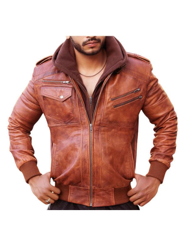 Men Leather Motorcycle Jacket with Removable Hood - Brown