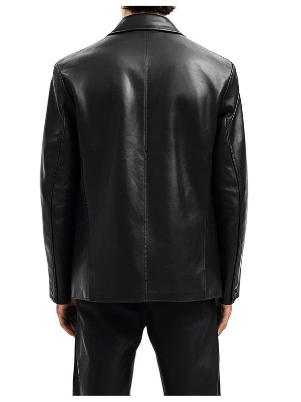 Men Premium Black Flap Pockets Leather Blazer