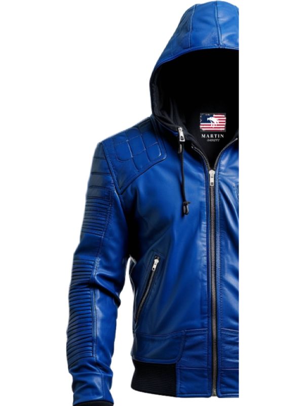 Men Stylish Blue Hooded Leather Jacket