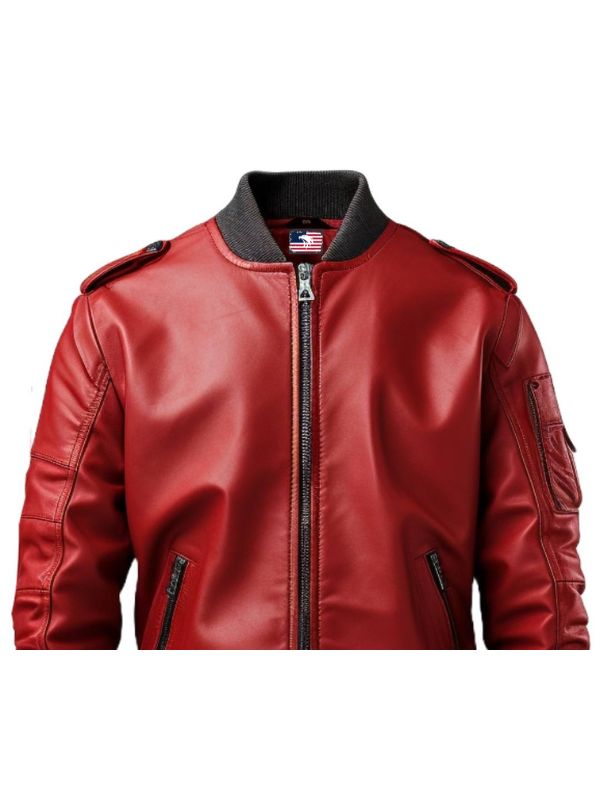 Men Stylish Red Bomber Leather Jacket