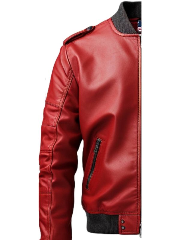 Men Stylish Red Bomber Leather Jacket
