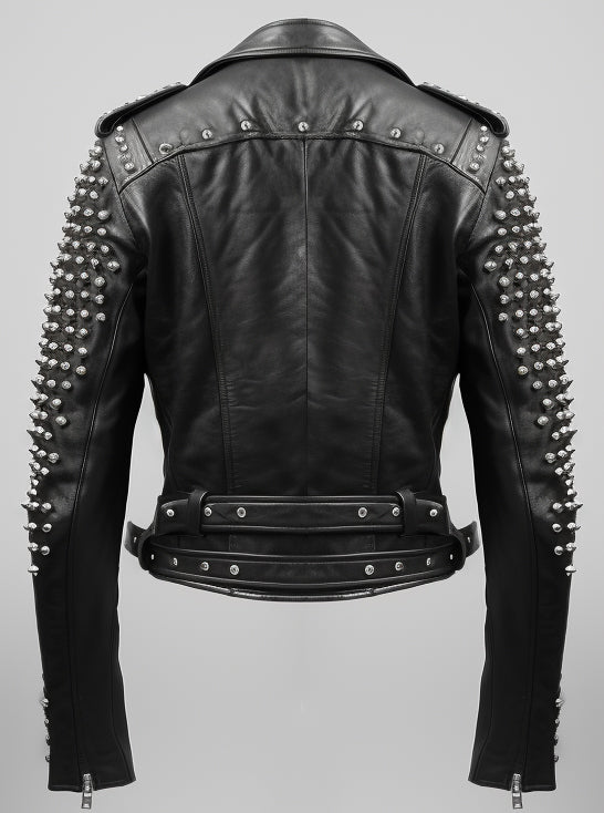 Men Black Leather Jacket - Black Biker Studded Jacket