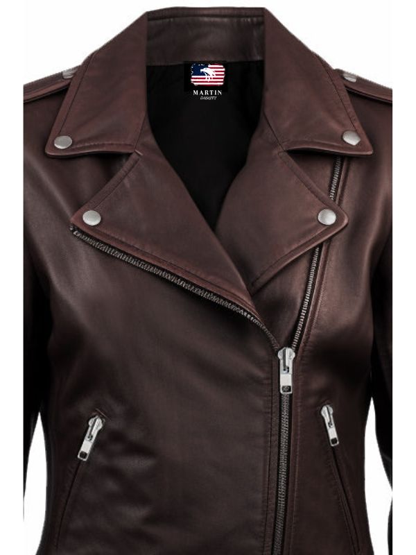 Women Biker Leather Jacket Dark Brown