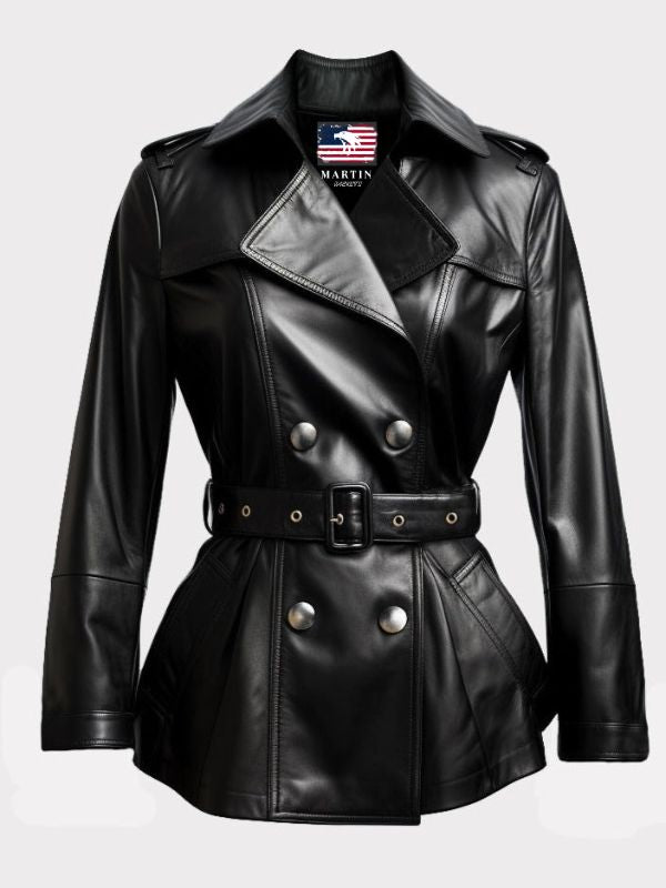 Women Black Leather Winter Coat Belted Style