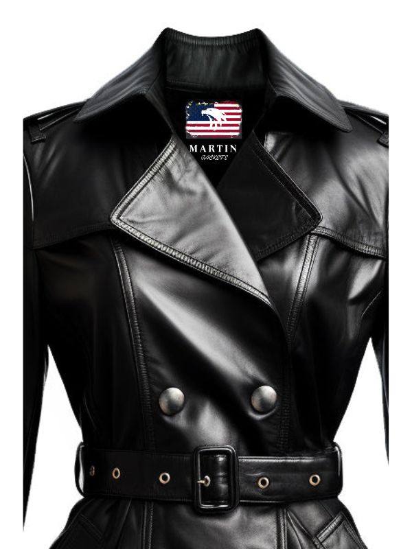 Women Black Leather Winter Coat Belted Style