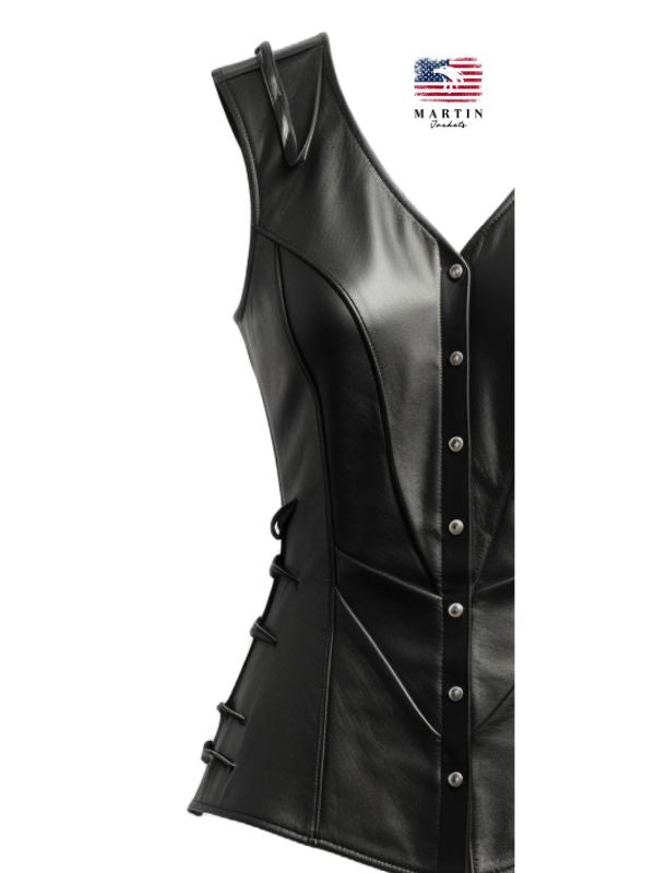 Women Vintage Black Leather Vest
