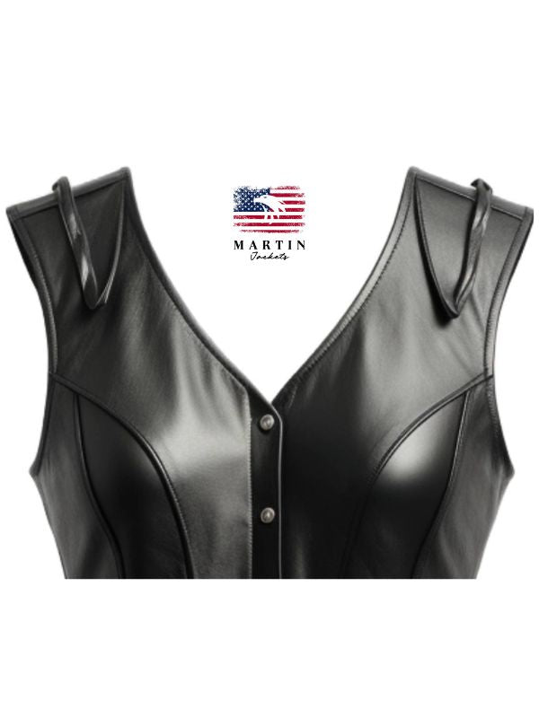 Women Vintage Black Leather Vest