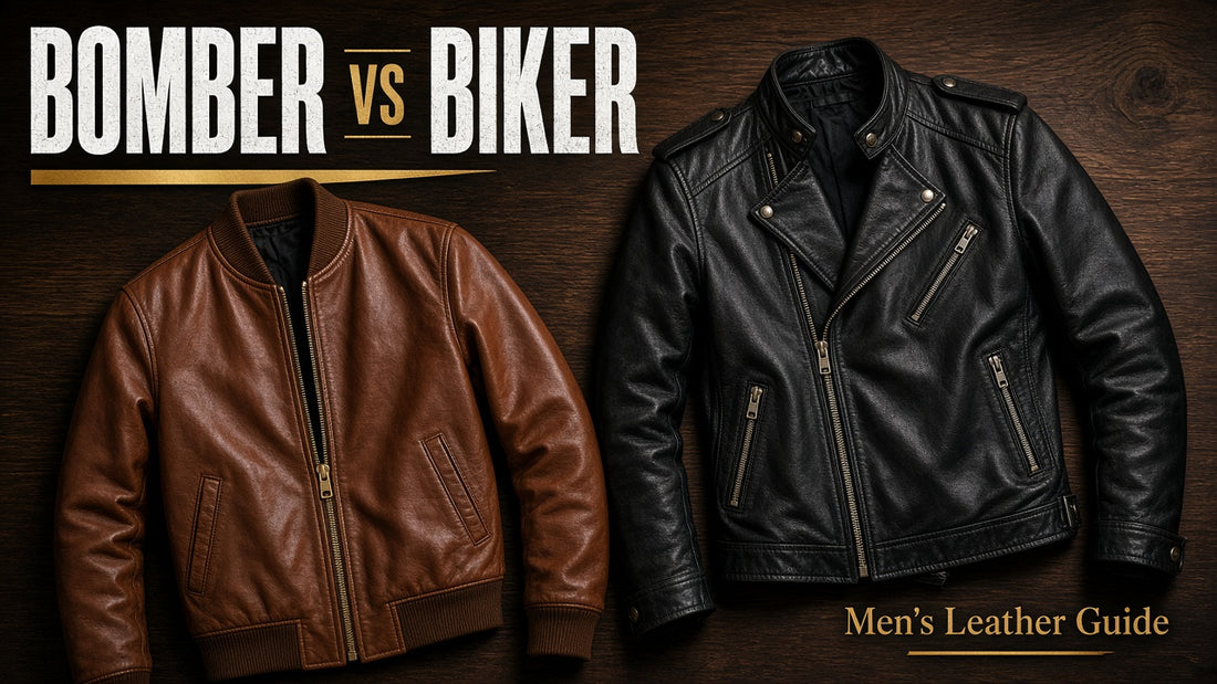Bomber vs biker leather jacket flat-lay comparison — men’s leather guide