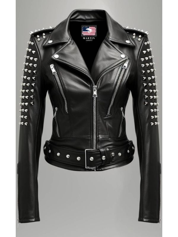 Women's black leather biker jacket, a leather anniversary gift idea from Martin Jackets