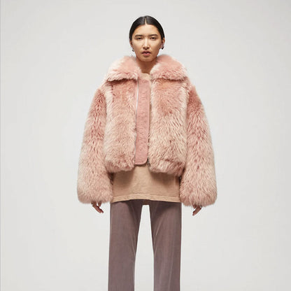 Women’s Pink Shearling Short Fox Fur Leather Jacket