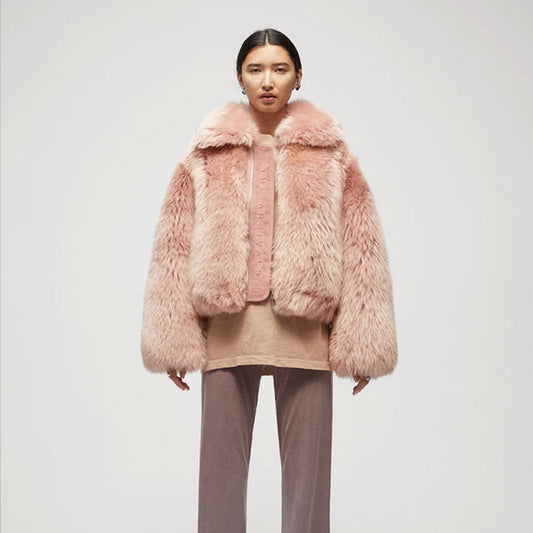 Women’s Pink Shearling Short Fox Fur Leather Jacket