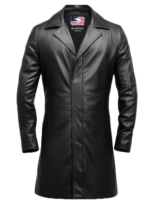 Men Black Long Leather Coat
