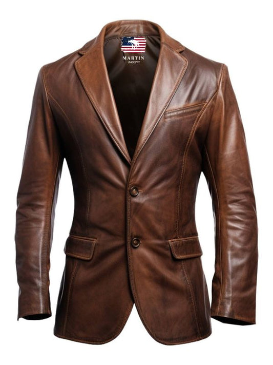 Men Stylish Distressed Brown Leather Blazer - Men Leather Blazer
