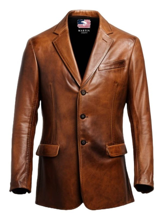 Men 3 Button Vintage Brown Leather Blazer