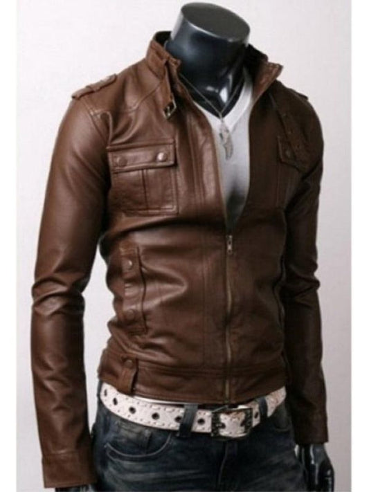 Strap Pocket Slim-fit Light Brown Leather Jacket