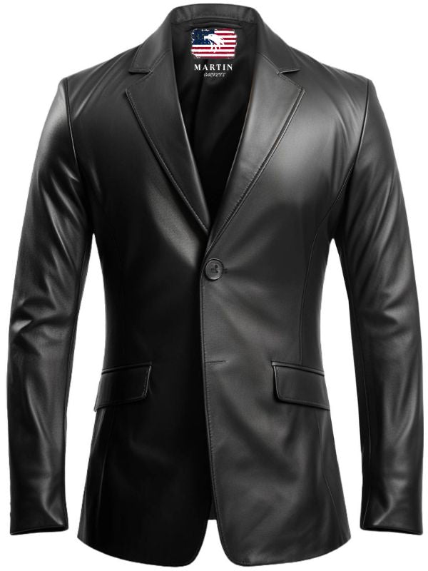 Men Black leather Two Button Blazer - Leather Blazer for Men
