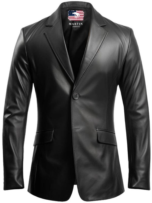 Men Black leather Two Button Blazer - Leather Blazer for Men