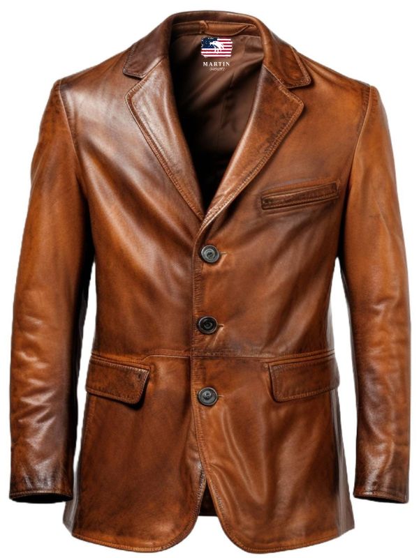 Men Brown Vintage Leather Blazer - Brown Leather Blazer