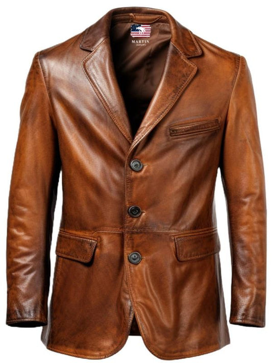 Men Brown Vintage Leather Blazer - Brown Leather Blazer