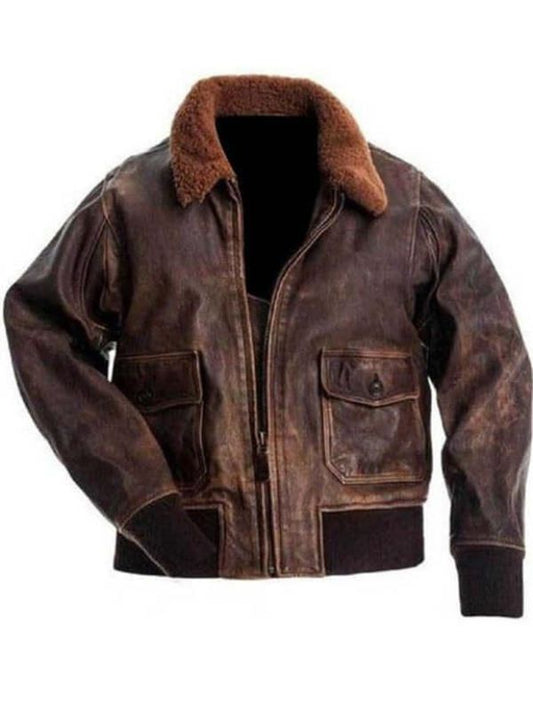 Aviator G1 Distressed Men Bomber Leather Jacket - Brown