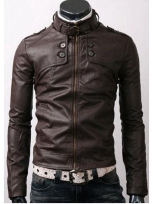 Slim Fit Button Pockets Rider Dark Brown Leather Jacket