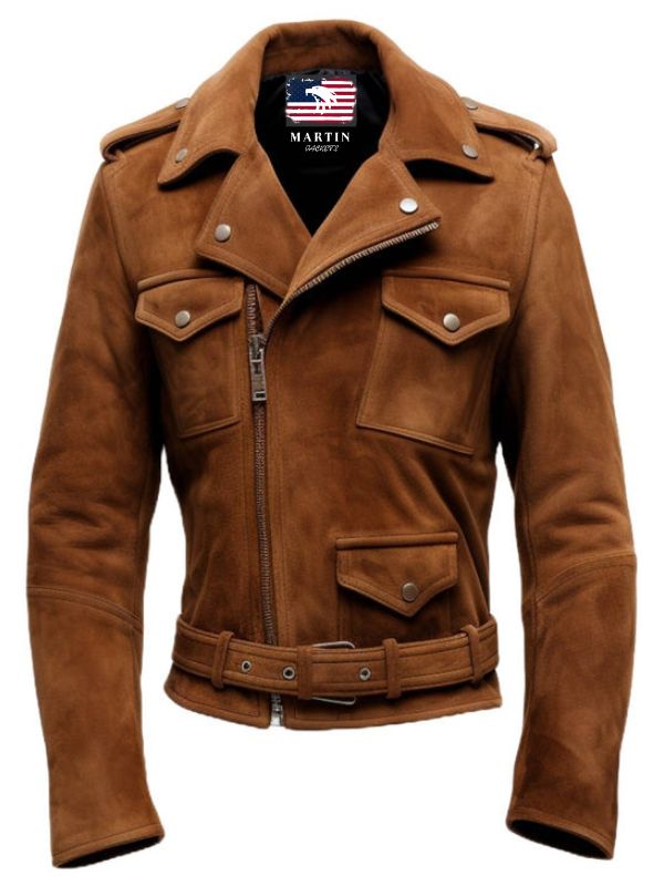 Men Biker Suede Leather Jacket Camel Brown