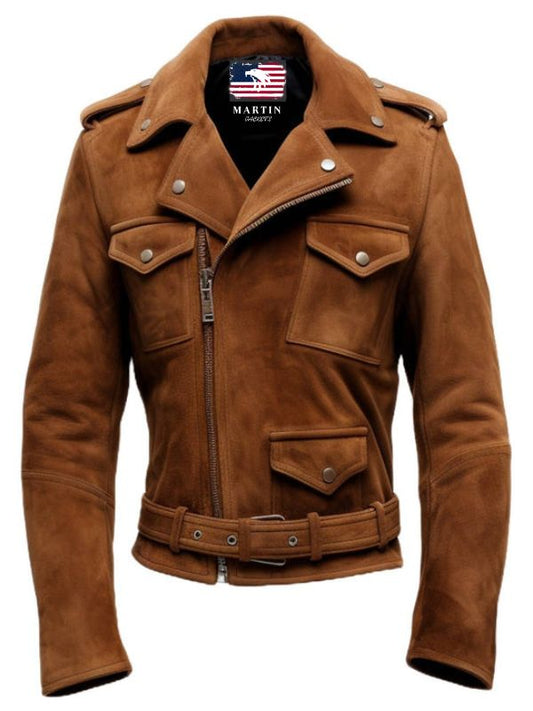 Men Biker Suede Leather Jacket Camel Brown