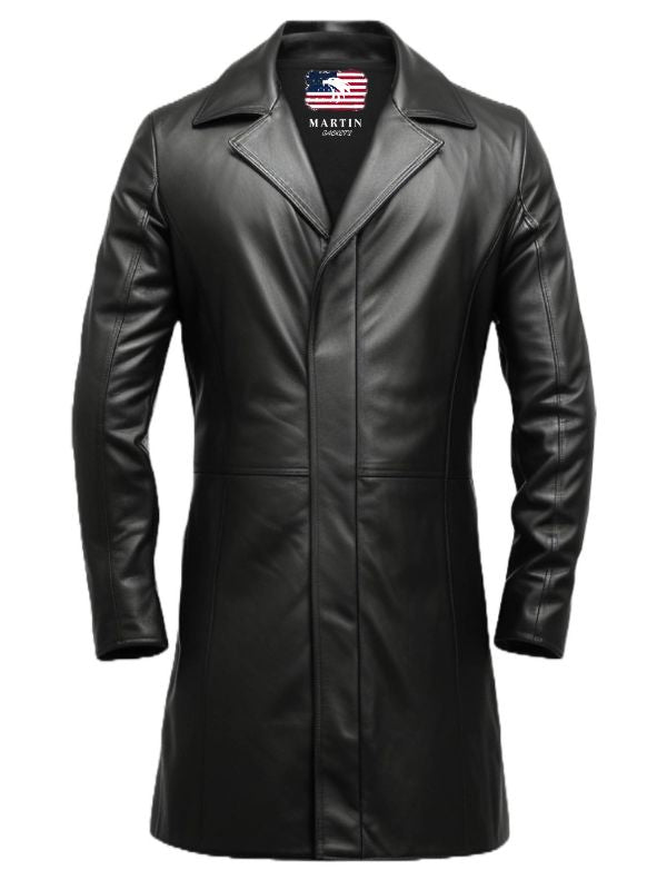 Men Black Leather Coat- Long Leather Coat