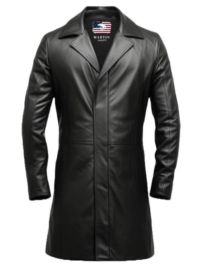 Men Black Leather Coat- Long Leather Coat